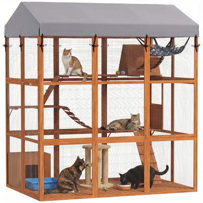 PawHut Large Cat House with Anti-Escape Floor, 81" H Wooden Catio Outdoor Cat Enclosure with Waterproof Cover, Walk in Door, Condo, Hammock, Ramp, Bridge, for 2-4 Cats, Orange