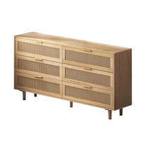 Meuble de rangement moderne Mila a 6 tiroirs en rotin avec structure en bois manufacture, couleur naturelle, 130 cm