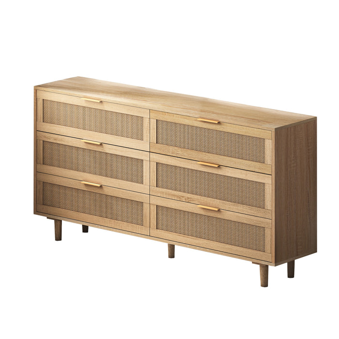 Meuble de rangement moderne Mila a 6 tiroirs en rotin avec structure en bois manufacture, couleur naturelle, 130 cm