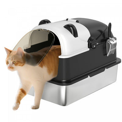 Pawhut Xl Stainless Steel Cat Litter Box With Lid For Big Cats, Enclosed Kitty Litter Box Panda Style Easy Cleaning, Anti-leakage, Non-sticky & Odour Control, Scoop Includes