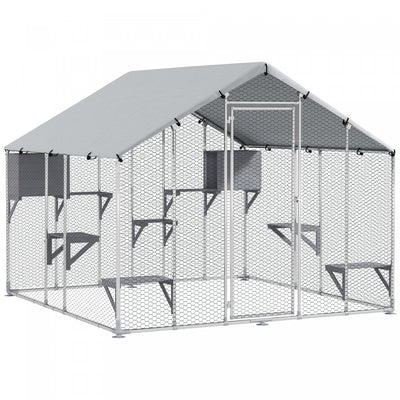 Pawhut 94.5" Extra Large Catio Outdoor Cat Enclosure, Walk In Cat Cage With Waterproof Cover, 2 Resting Boxes, 7 Platforms, Metal Chicken Run Hen House Rabbit Hutch For Outside