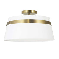 Plafonnier semi-affleuré Symphony de Dainolite avec abat-jour blanc, fini laiton vieilli et 3 ampoules
