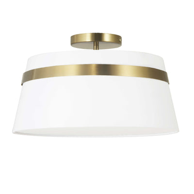 Dainolite Symphony 3 Light Semi-flush Mount Aged Brass White Shade Lamp|Plafonnier semi-affleuré Symphony de Dainolite avec abat-jour blanc, fini laiton vieilli et 3 ampoules