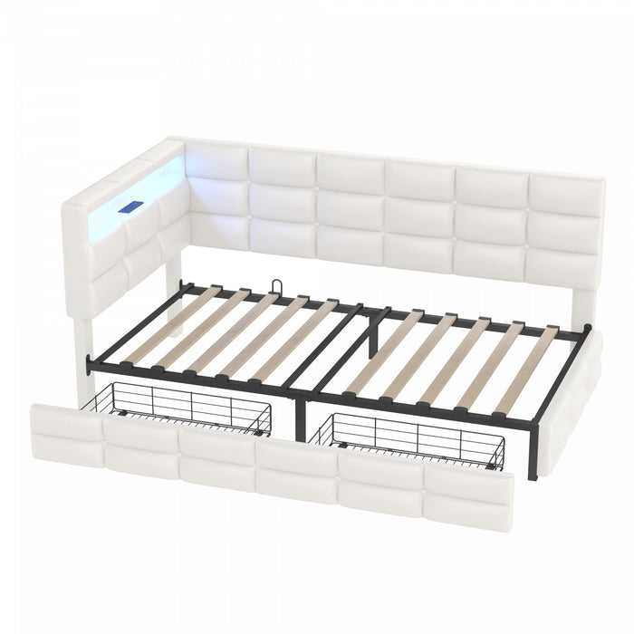 Banquette-lit Sophia rembourree avec lumieres LED et tiroirs de rangement, taille simple, beige