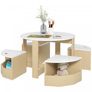 Qaba Ensemble Table Et Chaises Pour Enfants 5 Pieces Avec Rangement, Blanc