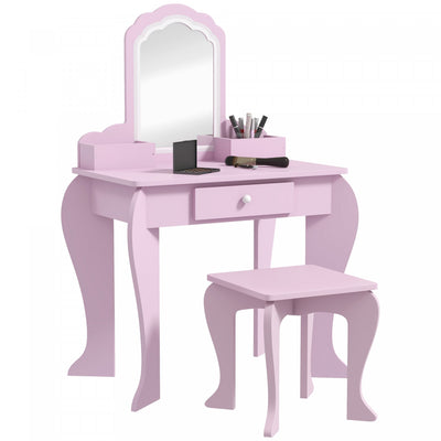 Qaba Kids Vanity Set With Mirror And Stool, Makeup Vanity Table For Children 3-6 Years Old, With Dra|Qaba Table De Vanite Pour Enfants, Vanite De Maquillage Avec Miroir Et Tabouret, Conception De Nuage