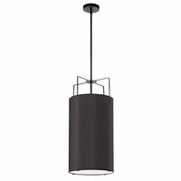 Luminaire suspendu Trapezoid de Dainolite avec abat-jour cylindrique noir qui diffuse la lumière, tissu blanc et 4 ampoules