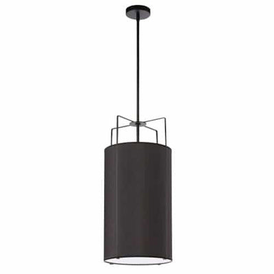 Dainolite Trapezoid 4 Light Pendant Black Drum Shade White Fabric Diffuser Lamp|Luminaire suspendu Trapezoid de Dainolite avec abat-jour cylindrique noir qui diffuse la lumière, tissu blanc et 4 ampoules
