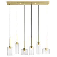 Luminaire suspendu horizontal Industrial Chic de Dainolite en verre transparent, avec fini laiton vieilli et 6 ampoules