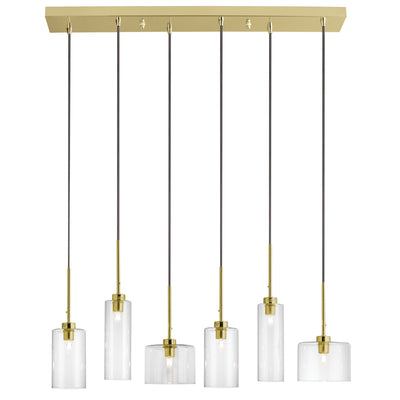 Dainolite Industrial Chic 6 Light Horizontal Pendant Aged Brass Finish Clear Glass Lamp|Luminaire suspendu horizontal Industrial Chic de Dainolite en verre transparent, avec fini laiton vieilli et 6 ampoules