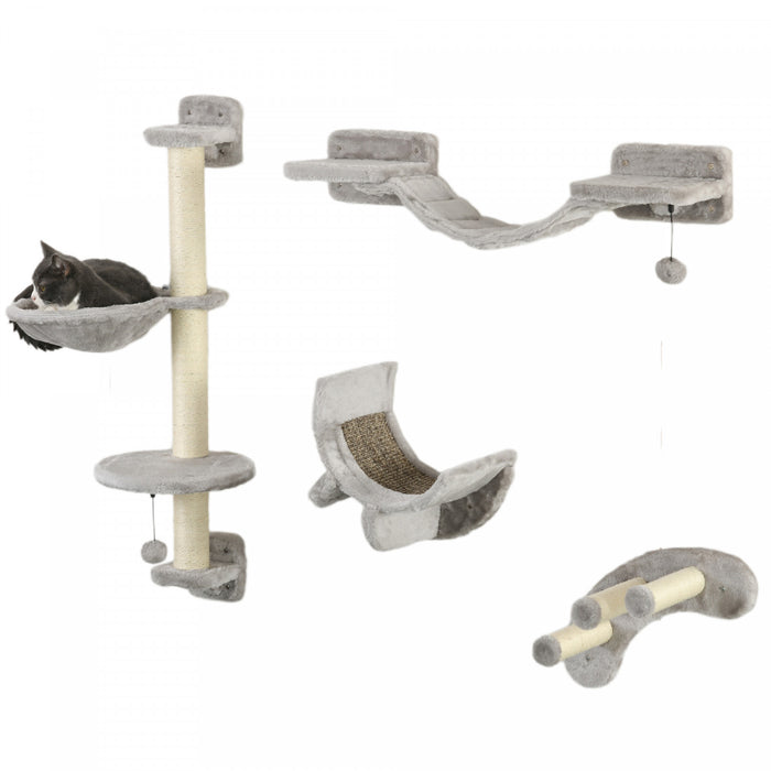 Pawhut Etageres Pour Chat Avec Griffoir, Plateforme De Saut Avec Echelle Souple, Etageres Murales Pour Chat Pour Se Detendre, Dormir, Grimper, Mur Pour Chat Avec Hamac Doux Et Balles De Jeu, Beige