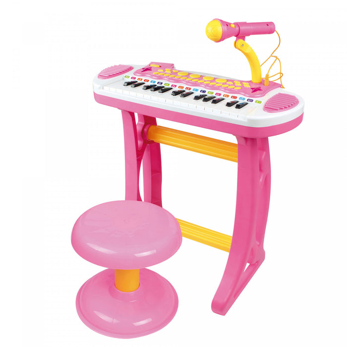 Qaba Clavier De Piano Enfants Avec Tabouret D'assise Inclus, Microphone De Travail, Lampe De Poche Lumineuse Et Amusante, Rose