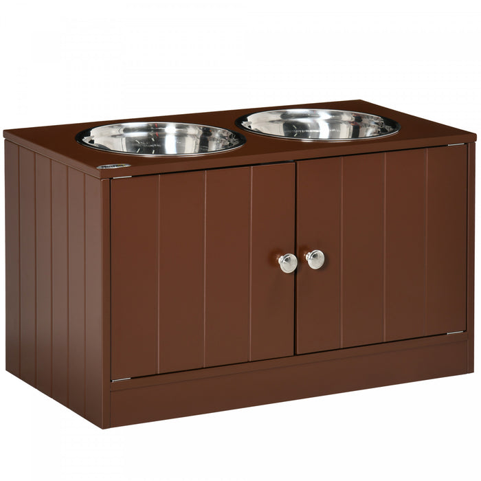 Pawhut Bol De Chien Sureleve Pour Gros Chien Station D'alimentation Pour Animaux De Compagnie Avec Support, Rangement, 2 Bols D'aliments Et D'eau En Acier Inoxydable, Marron, 23.5\" X 12\" X 14\"