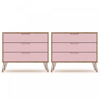 Commode Rockefeller Mid-Century Modern 89 cm en rose (3 tiroirs) – Lot de 2