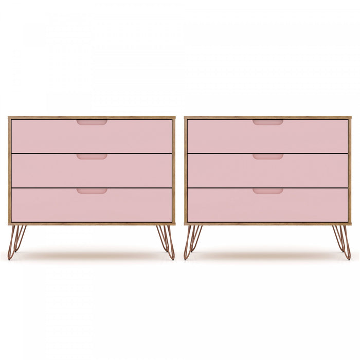 Commode Rockefeller Mid-Century Modern 89 cm en rose (3 tiroirs) – Lot de 2