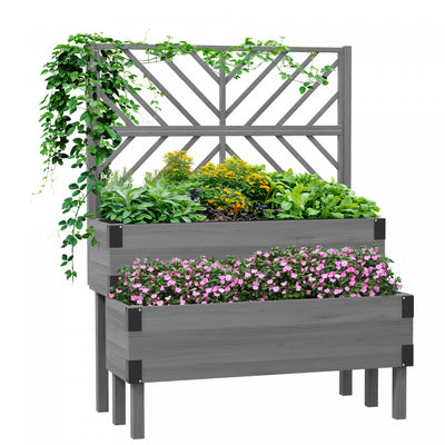 Outsunny 2 Tier Wooden Raised Bed W/ Trellis Elevated Planter Box, Grey|Outsunny Jardiniere En Treillis A 2 Etages, Lit De Jardin Sureleve En Bois
