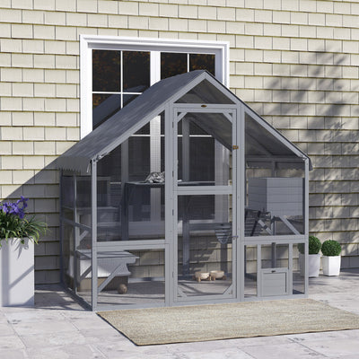 Pawhut Catio Outdoor Cat Enclosure, Large Kitten House With Waterproof Cover, 2 Resting Boxes, 4 Platforms, Bridge, Wooden Cat Cage Outdoor For 2-4 Kittens, 73" X 55" X 74", Grey