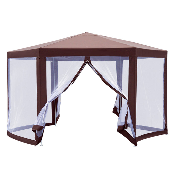 Outsunny 13' X 11' Hexagonal Garden Gazebo Patio Party Outdoor Canopy Tent Sun Shelter Moustiquaire Porte Zippee Marron