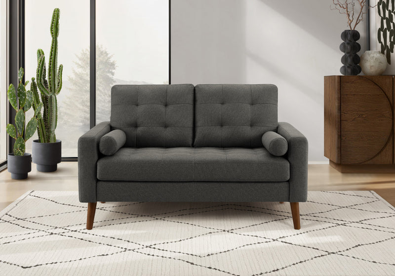 Causeuse Rembourre, 58\" L, Tissu Gris Fonce, Pieds En Bois De Noyer, Mid Century, Moderne