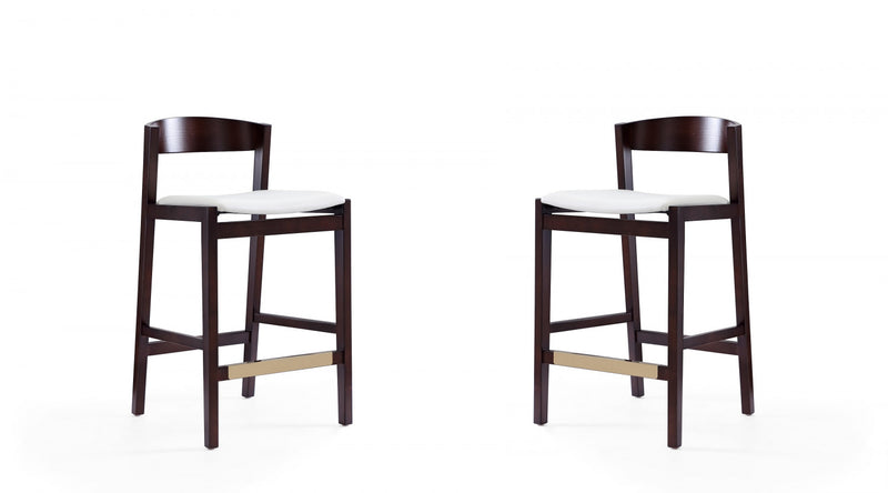 Tabouret de comptoir en bois rembourre ivoire style Klismos mi-siecle moderne - Lot de 2