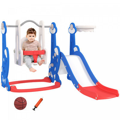 Qaba 4-in-1 Toddler Slide, Baby Kids Indoor Slide and Swing Set with Basketball Hoop, Climber, Indoor Playground for Ages 1.5-4 Boys Girls Toddler, Rocket Themed, Dark Blue