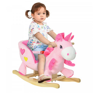 Qaba Cheval A Bascule Pour Bebe Avec Licorne Avec Chansons, Jouet A Bascule Avec Base En Bois, Ceinture De Securite Pour Enfants De 1.5 A 3 Ans, Rose