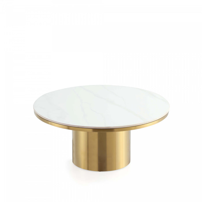 Table basse Glenn Modern Glam avec plateau en pierre frittee, finition or