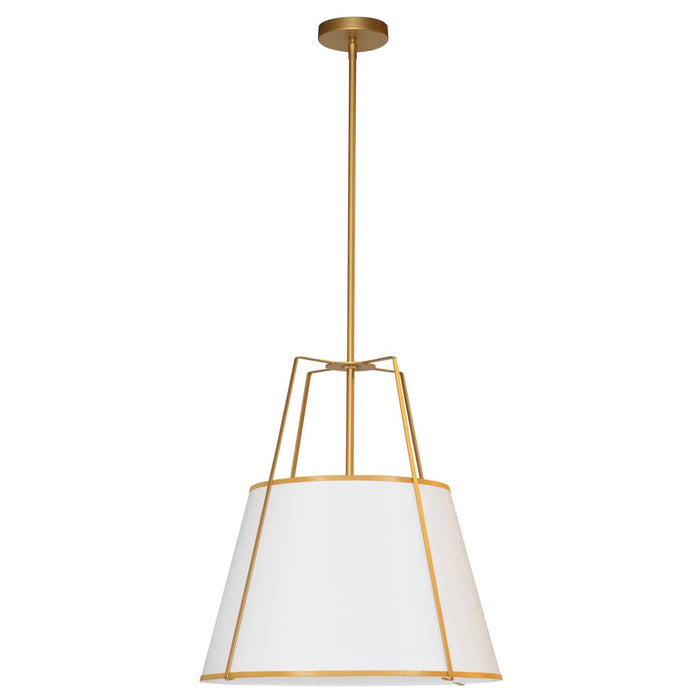 Luminaire suspendu Trapezoid de Dainolite avec abat-jour doré et blanc qui diffuse la lumière, tissu blanc et 1 ampoule