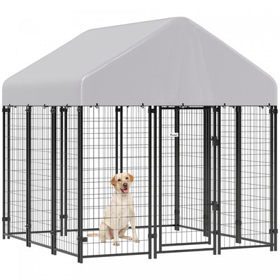PawHut 6' x 6' x 6' Dog Run Outdoor, Large Outdoor Dog Kennel Welded Wire Steel Fence with UV-Resistant & Waterproof Cover, Secure Lock, Silver