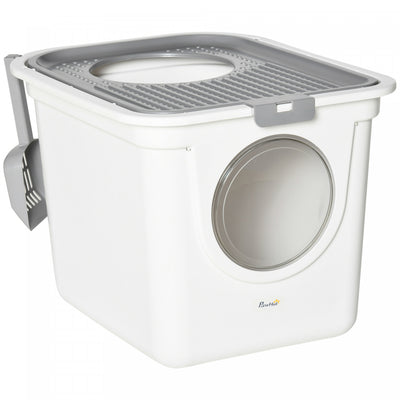 Pawhut Cat Litter Box, Enclosed Kitty Litter Box With Front Entrance, Top Exit, Scoop, Easy Cleaning Pet Toilet For Cats, White