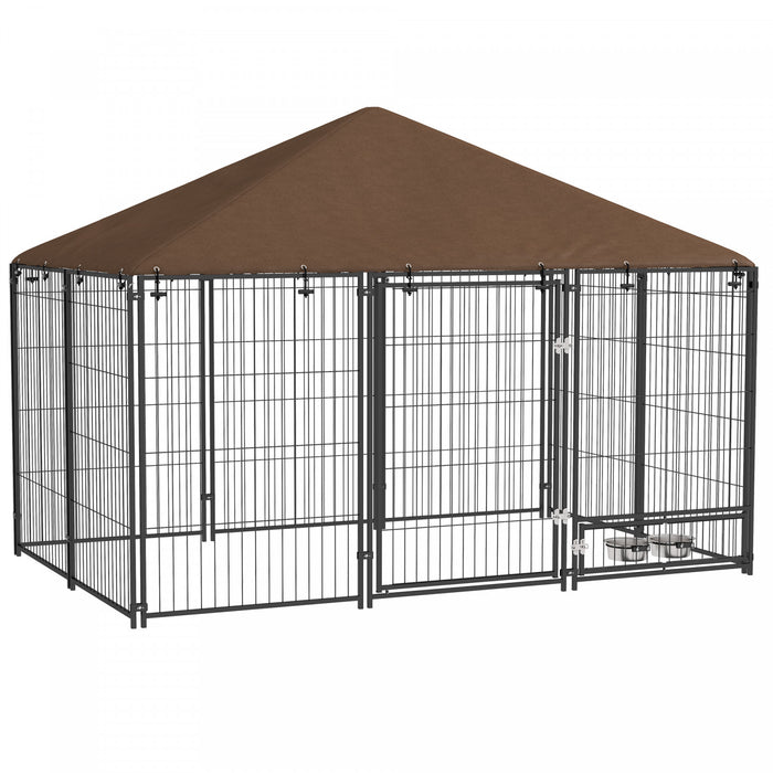 Pawhut Chenil Exterieur Pour Chien De 6.9' X 4.6' X 5' Avec Auvent, Bols Rotatifs, Porte Pour Cour Et Jardin, Cafe