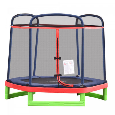 Outsunny 84.75" Kids Trampoline 7 Ft Indoor Outdoor Trampolines With Safety Net Enclosure Built-in Z|Outsunny Trampoline Pour Enfants De 2,1 M Avec Filet De Securite, Jouet De Gymnastique A Ressort Dur