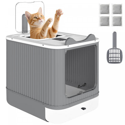 PawHut Cat Litter Box with Lid, Enclosed Kitty Litter Box with Front-Entry and Top-Exit, Scoop, Deodorizer Bag, Non-Sticky and Easy to Clean, for Medium Cats, White