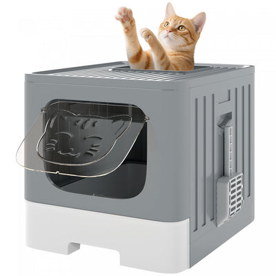 PawHut Foldable Cat Litter Box, Top Enter Litter Box Drawer Style with Lid, Scoop, Easy Cleaning, No Urine Leakage, Odor Control, for Kittens up to 11 lbs, Grey