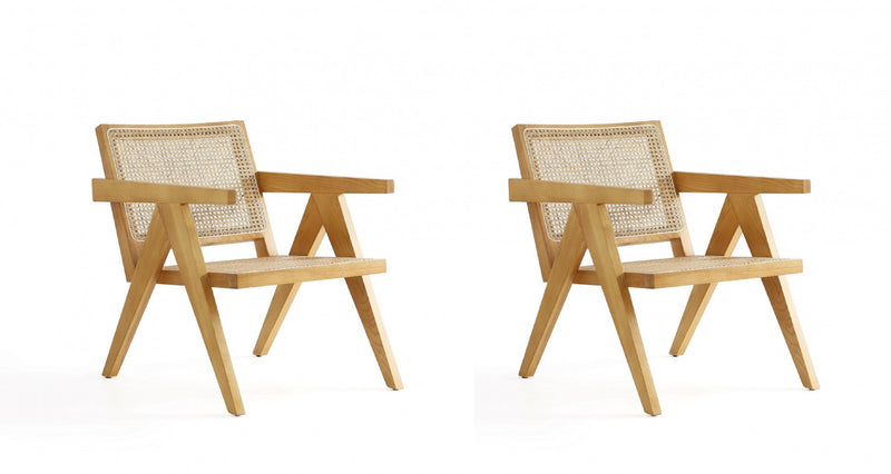 Fauteuil d’appoint en bois avec dossier en cannage style industriel chic Hamlet, naturel – Lot de 2