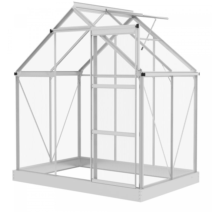Outsunny Serre En Polycarbonate De 6' X 6', Serre De Plain-pied Avec Porte Coulissante, Fenetre Reglable, Cadre Et Fondation En Aluminium, Maison De Culture De Jardin Avec Gouttiere, Argente