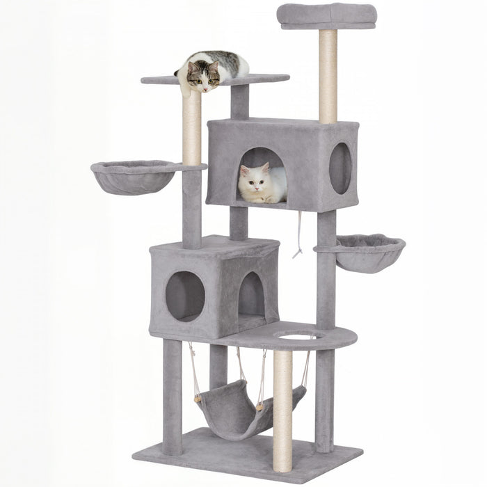 66 Inch Cat Tree with 2 Condos, 3 Big Hammocks, Light Grey