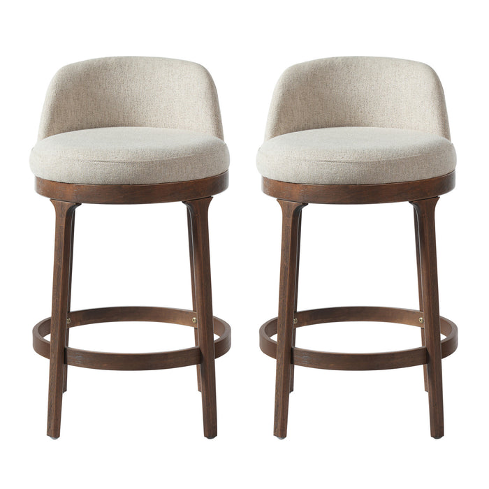 Amelia – Lot de 2 tabourets de bar de hauteur comptoir ergonomiques en bois d’hevea avec revetement en tissu, finition noyer