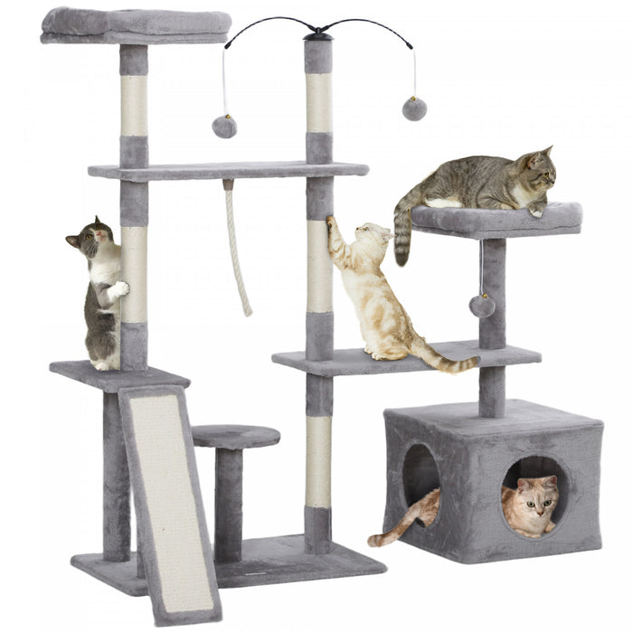 Pawhut Arbre A Chat De 53\", Tour A Plusieurs Niveaux Pour Chats D'interieur Avec Griffoirs En Sisal, Lits, Plates-formes, Rampe, Centre D'activite Pour Chat, Gris Clair