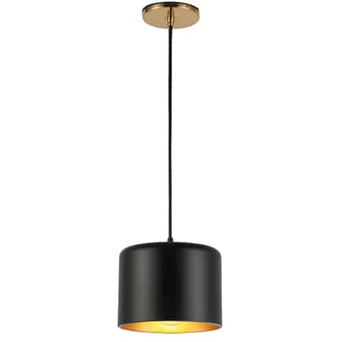 Luminaire suspendu Emilia de Dainolite avec abat-jour noir mat et doré, fini laiton vieilli et 1 ampoule