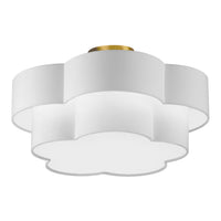 Grand plafonnier affleuré Phlox de Dainolite avec abat-jour blanc, fini laiton vieilli et 3 ampoules