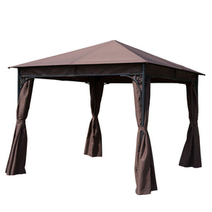Outsunny 10x10pi Gazebo De Jardin En Acier Patio Auvent Exterieur Evenement Fete Tente Arriere Cour Abri Soleil Avec Rideau Cafe
