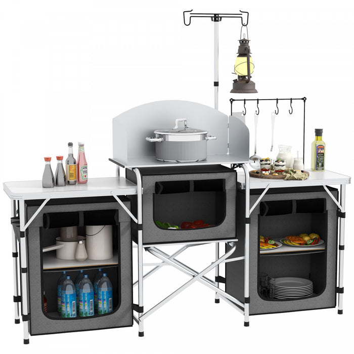 Outsunny Cuisine de camping pliante avec armoires en tissu pare-brise gris
