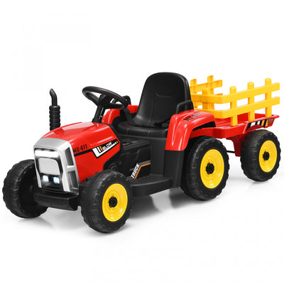 Costway 12v Kids Ride On Tractor With Trailer Ground Loader W/ Rc & Lights Red