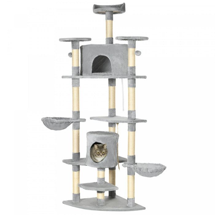 Pawhut Arbre A Chat 79\" Multi-niveaux Avec Deux Condos, Tour Pour Chats Avec Griffoirs, Deux Hamacs, Perchoirs, Jouets Interactifs, Gris Fonce.