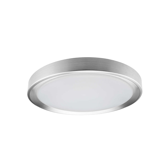 Plafonnier affleuré Flynn de Dainolite qui diffuse la lumière, avec fini chromé satiné et blanc, et ampoule de 24 W