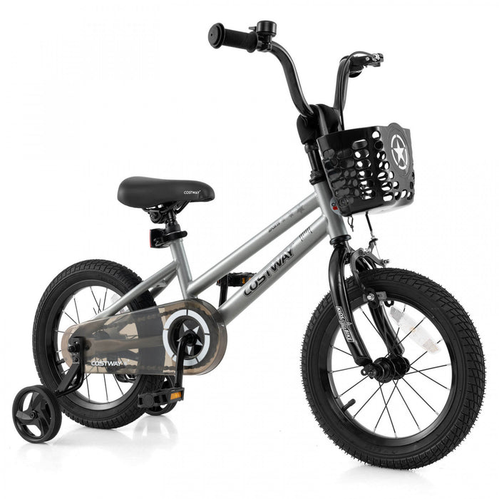 Costway 14\" Velo Pour Enfants Avec Roues D'entrainement Guidon Reglable Et Frein A Main De Siege Argent