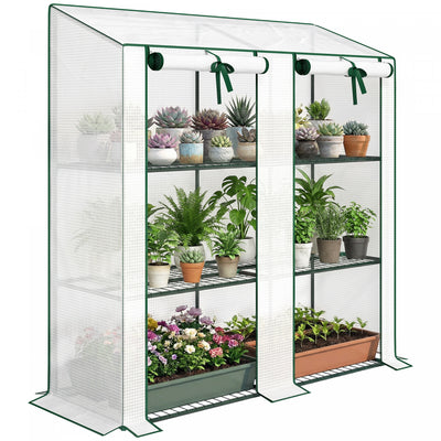 Outsunny Mini Greenhouse with 3 Tier 6 Shelves Portable Green House, White