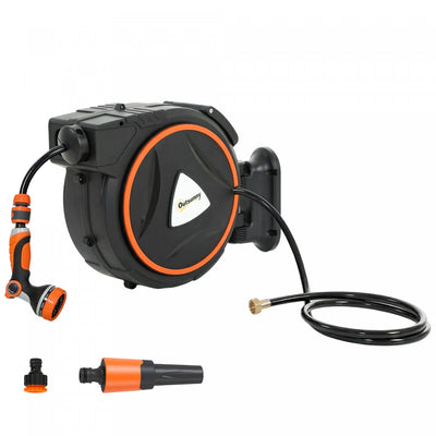 Outsunny Retractable Garden Hose Reel, 1/2" x 59ft Wall Mounted Hose Reel with 12-Pattern Nozzles, Auto Retraction, Self-Locking, Slow Return System, 180° Swivel Bracket