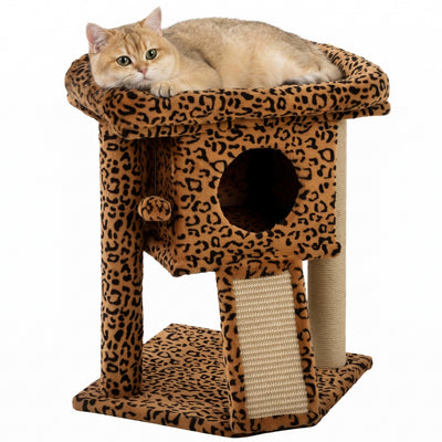 PawHut Cat Tree, Small Cat Tower with Perch, Scratching Post, Cat Condo, Toy Ball for Kitty, Indoor Use, Leopard Print